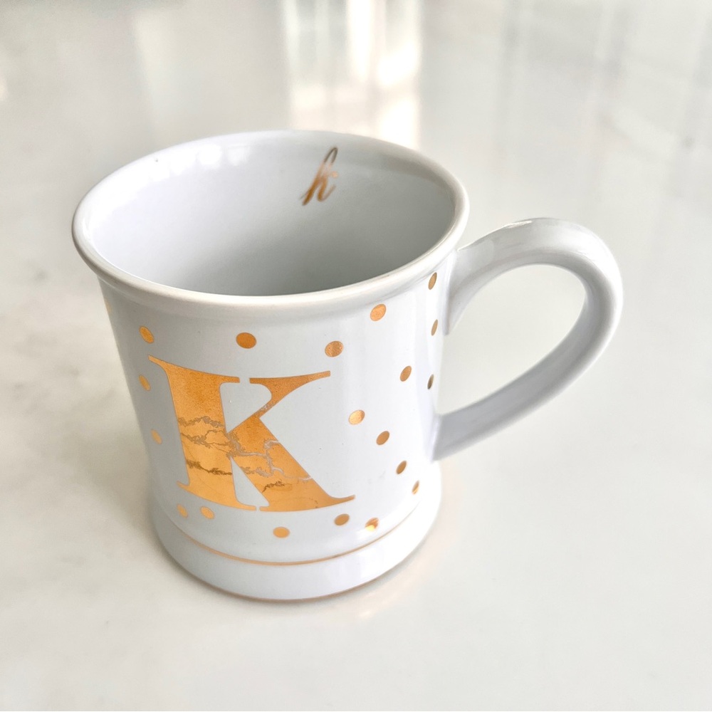 Pier 1 letter K coffee mug monogram white stoneware gold polka dots initial